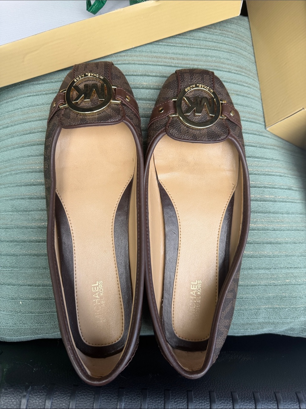 Michael Kors Brown Signature Logo Ballet Flats with Gold MK Emblem